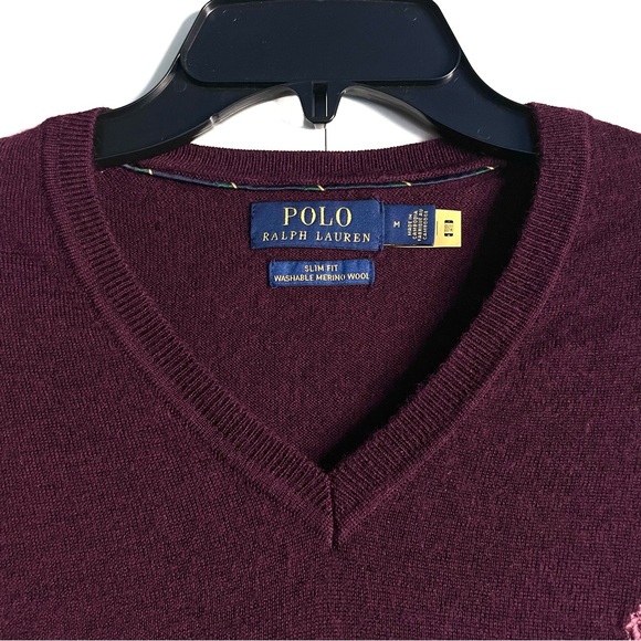 Polo Ralph Lauren Washable Wool Slim Fit V-Neck Sweater in Wine Size M EUC - Picture 7 of 16